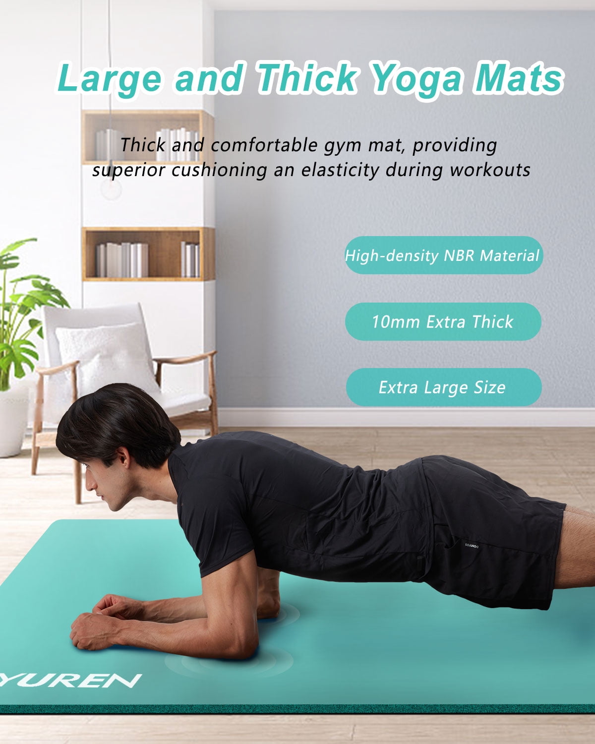 YR Large Yoga Mat 78"x35" Wide NBR Exercise Workout Mats for Home Gym Floor Fitness Pad, Thick 10mm Iceblue