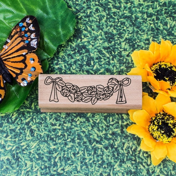 Flower Swag Art Rubber Stamp, Laser Engraved Craft Stamp on Wood Mounted Block, Size 1-3/4” x 1-3/4”, Made in USA