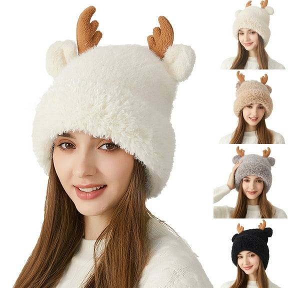 UTSJKR Women Warm Hat Cute Reindeer Antlers Knitted Winter Hats Crochet Earflap Knit Cap Beanie for Adults Kids Khaki