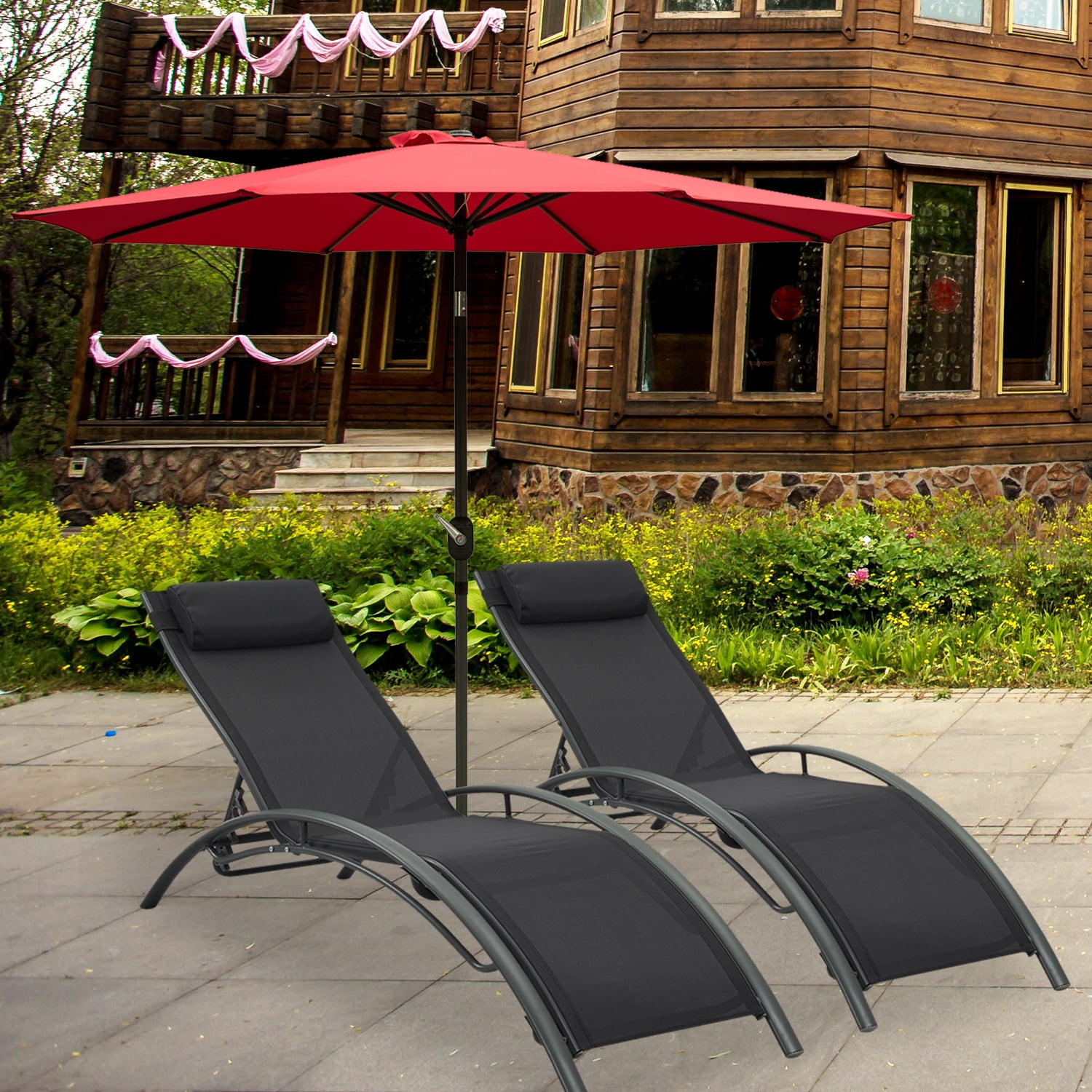 Ainfox Outdoor Patio 2-Pack Lounge Chairs Adjustable Aluminum Chaise Lounges for All Weather （Black）