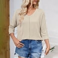 thumbnail image 4 of LYEAA Plus Size 3/4 Sleeve V-Neck Casual Blouses for Women Elastic Waist Soft Cotton Tops with Side Pockets Spring Summer Elastic Comfort Khaki L, 4 of 5