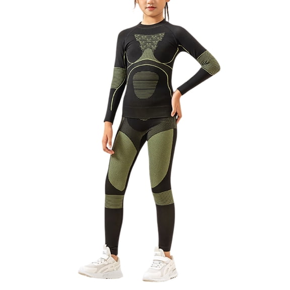 GobdXE Girls Seamless Compression Workout Set 2Pcs Long Sleeve Top High Waist Leggings Athletic Base Layer Outfit Size:L