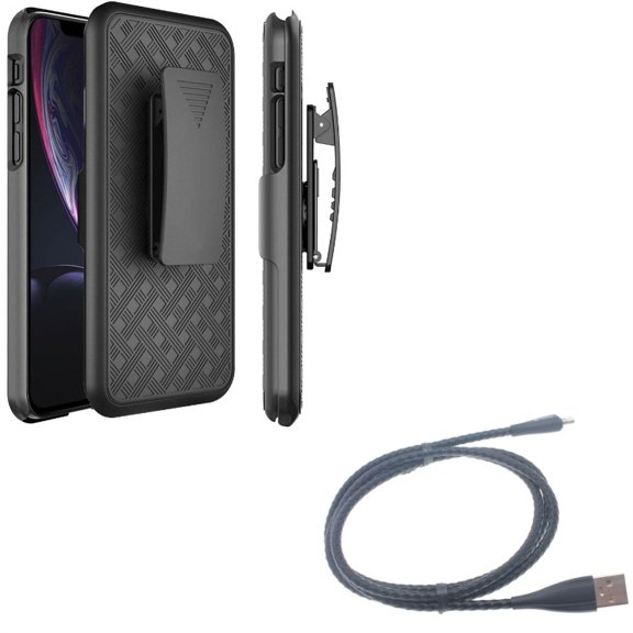 3ft Metal USB Cable w Holster Case Belt Clip for iPhone XS Max - Charger Cord Power Wire Braided Sync and Swivel Kickstand Armor Combo Cover