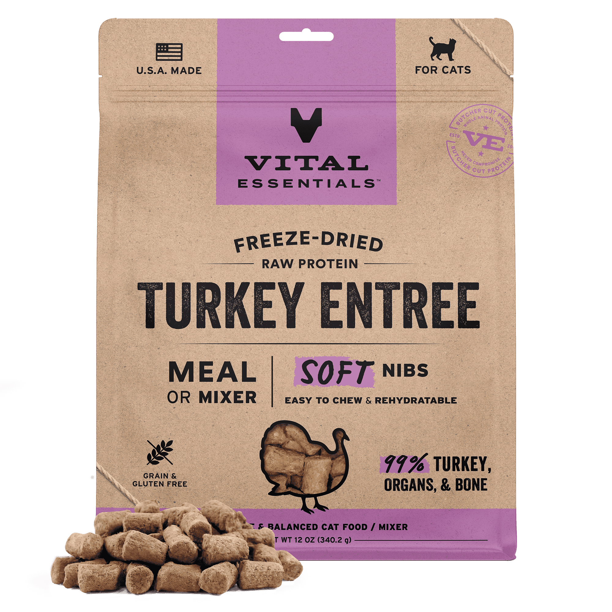 Vital Essentials Freeze Dried Cat Food, Raw Turkey Soft Nibs | Complete Meal or Topper | 99% Turkey, Organs & Bone | Limited Ingredient, High Protein, Grain Free Dry Cat Food | 12 oz bag