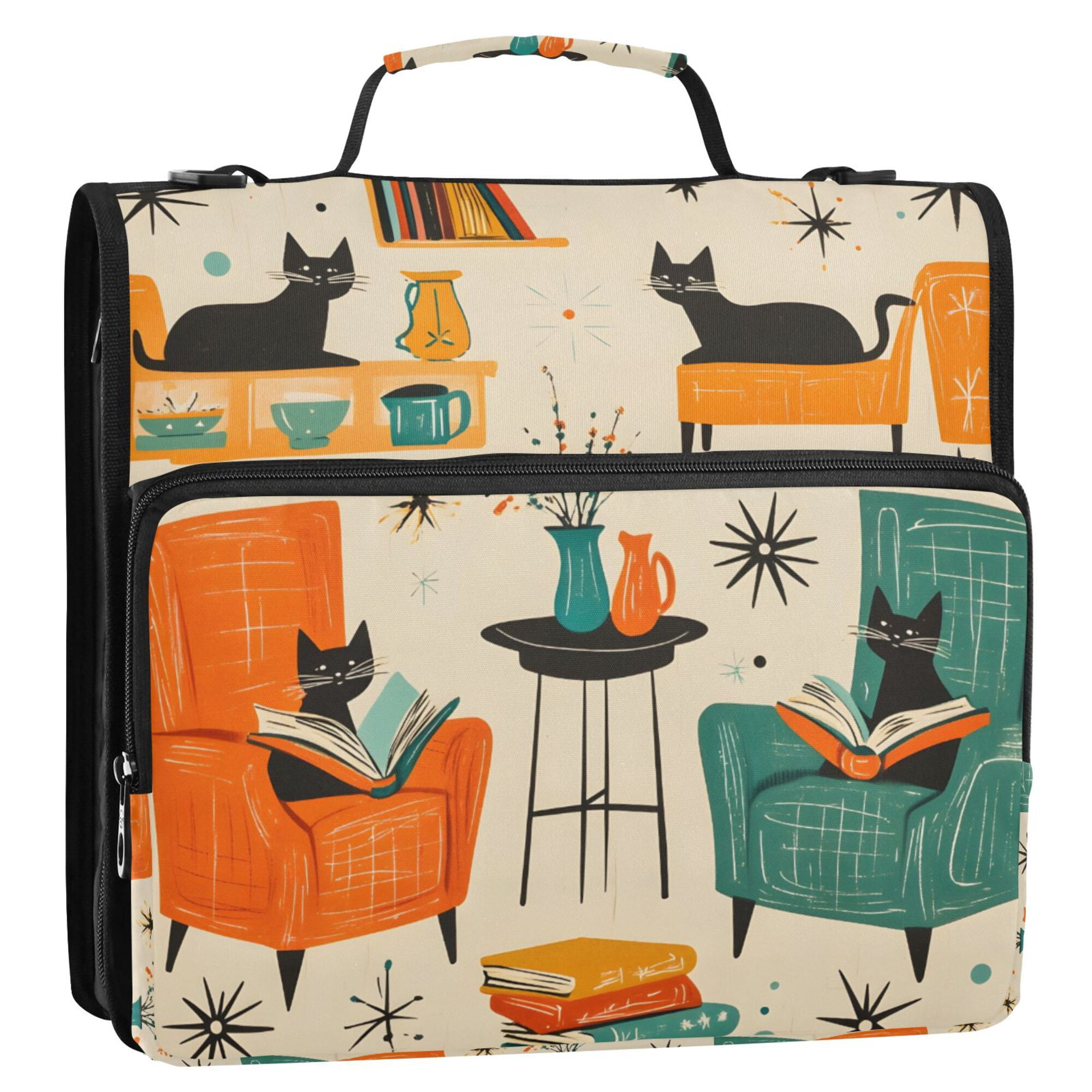 FORMRS Zipper Binder with Shoulder Strap 2-inch Ring 500 Sheet Capacity File Bag, Black Cats Reading