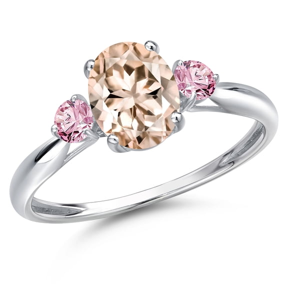 Gem Stone King 10K White Gold Peach Morganite and Pink Lab Grown Diamond 3-Stone Ring for Women | 1.26 Cttw | Oval 8X6MM | Gemstone October Birthstone | Size 9
