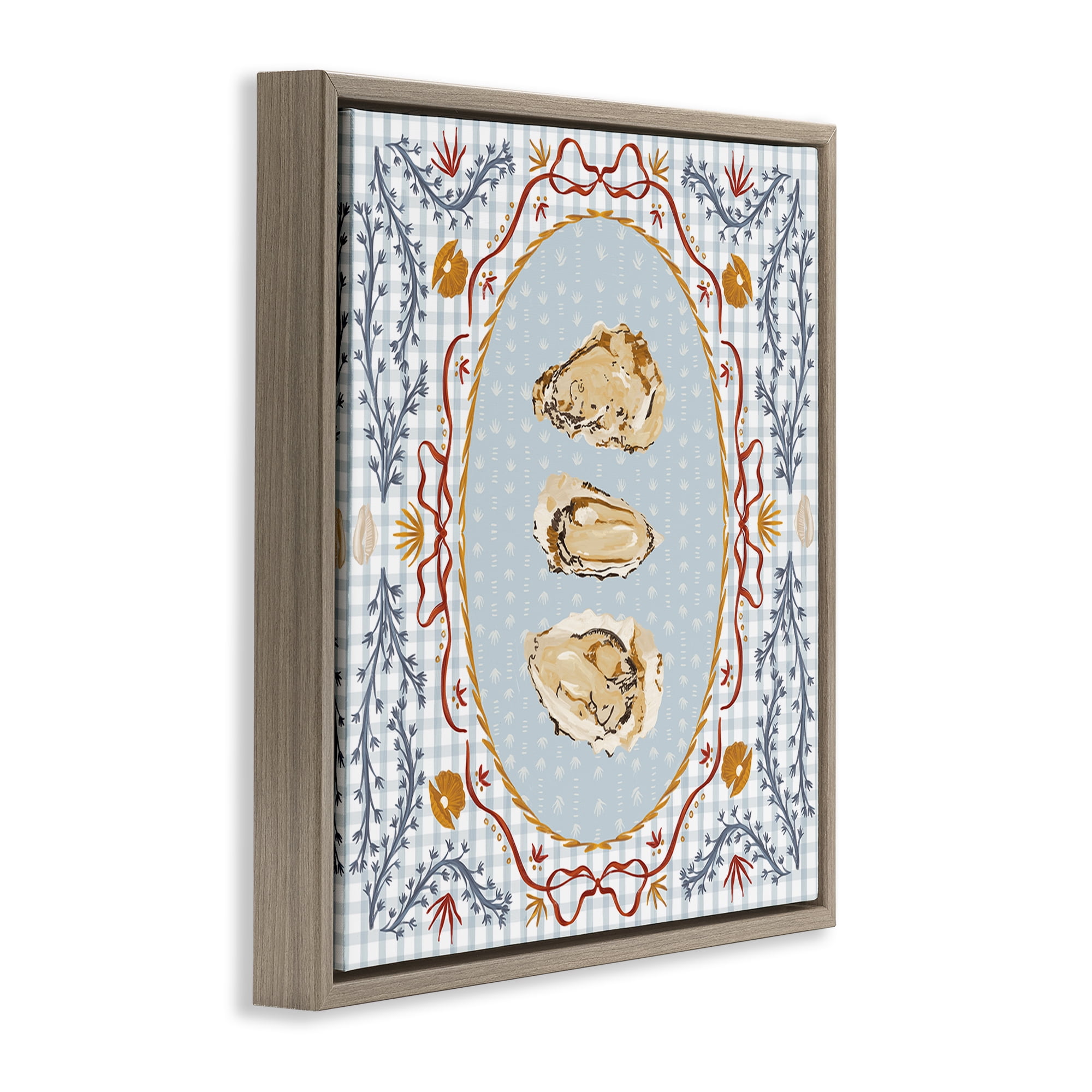 Stupell Industries Oyster Trio on Blue Gingham Brown Framed Floater Canvas Wall Art, design by Vero Illustrates