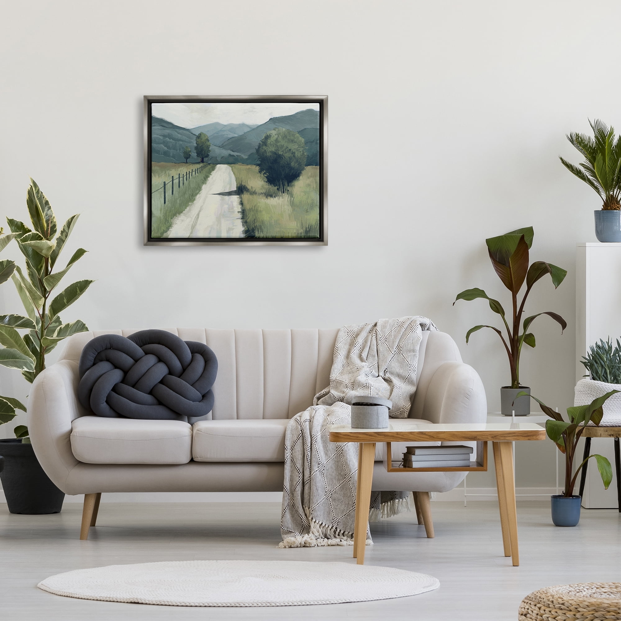 Stupell Industries Farmland Fields Green Blue Landscape Painting Luster Gray Framed Floating Canvas Wall Art, 24x30, by Ziwei Li