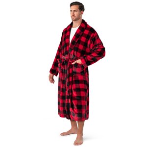 Pavilia Men's Plaid Fleece Bathrobe, Red