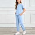 thumbnail image 6 of Ruiwill Outfit Set For Girls Size 7-8 Years Summer Short Sleeve Crew Neck Solid Color Tops With Pants Set Casual Cute Dailywear Girls Outfit Set Light Blue, 6 of 6