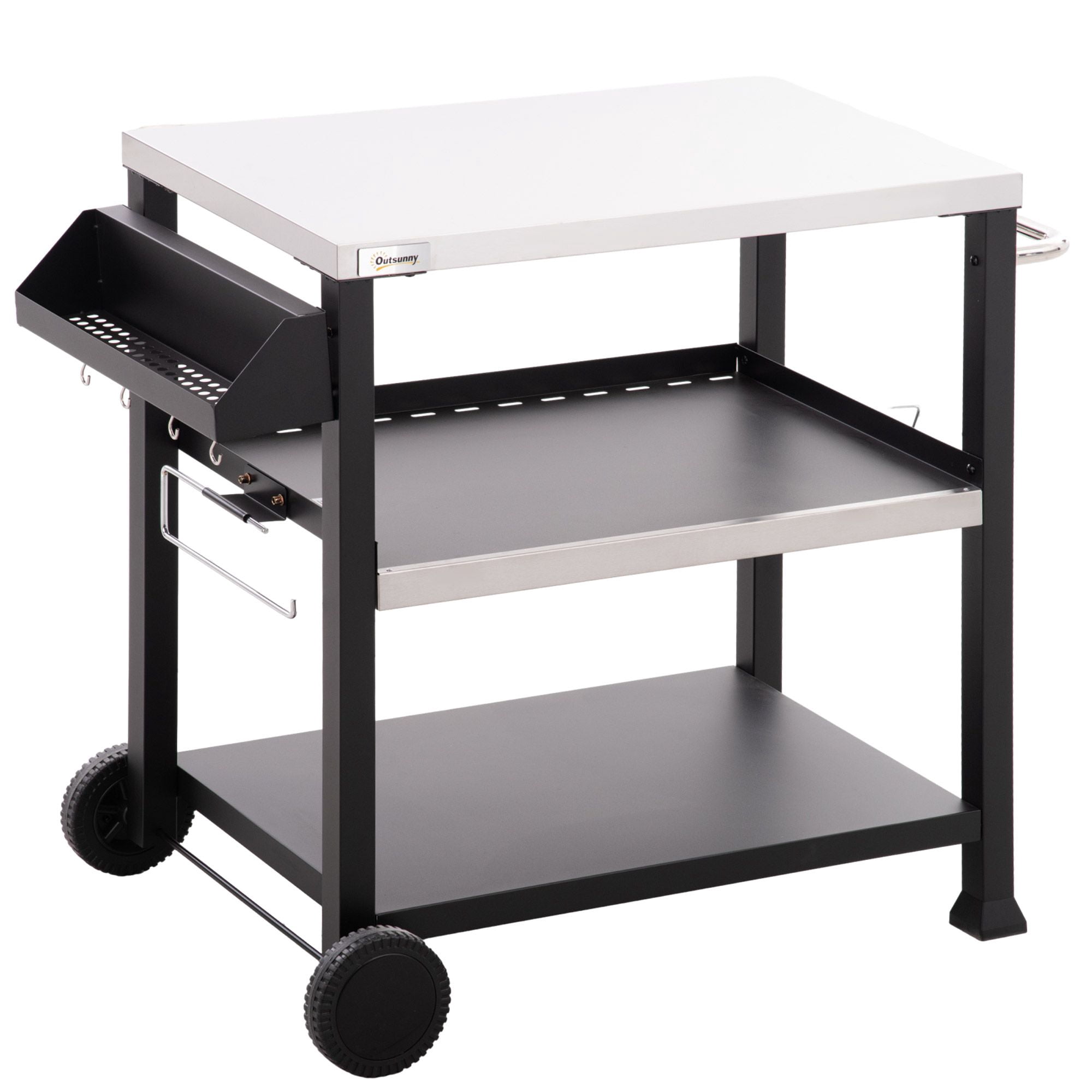 Outdoor Grill Cart with Stainless Steel Top, Solid Wood Outdoor Kitchen Island with Wheels & Integrated Hole, Dark Gray