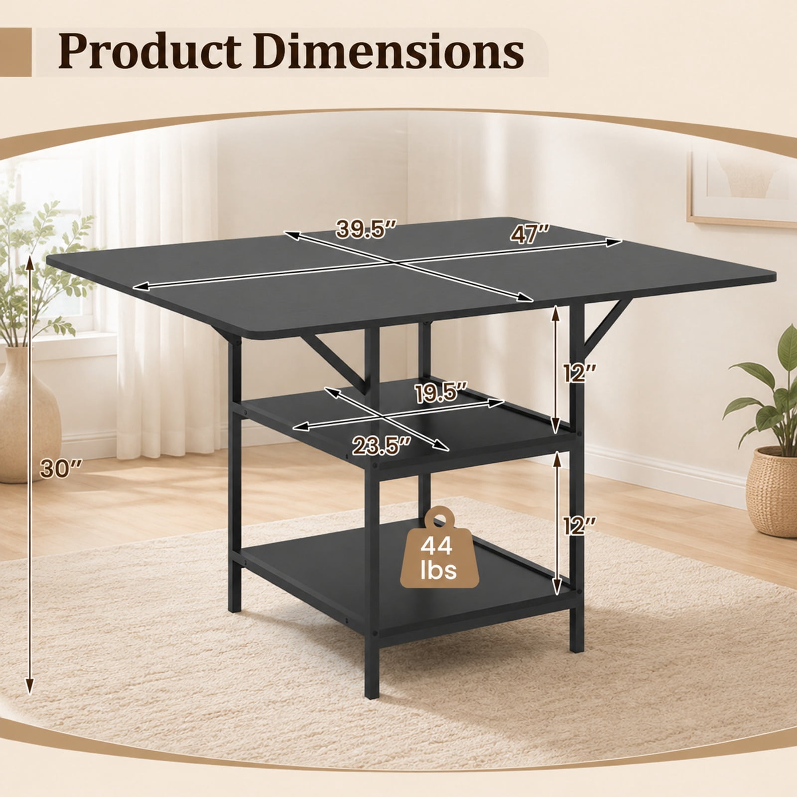 Furnibear 47 Inch Rectangular Dining Table for 4 to 6 with 2 Open Storage Shelves and Sturdy Metal Legs for Kitchen and Dining Room, Black