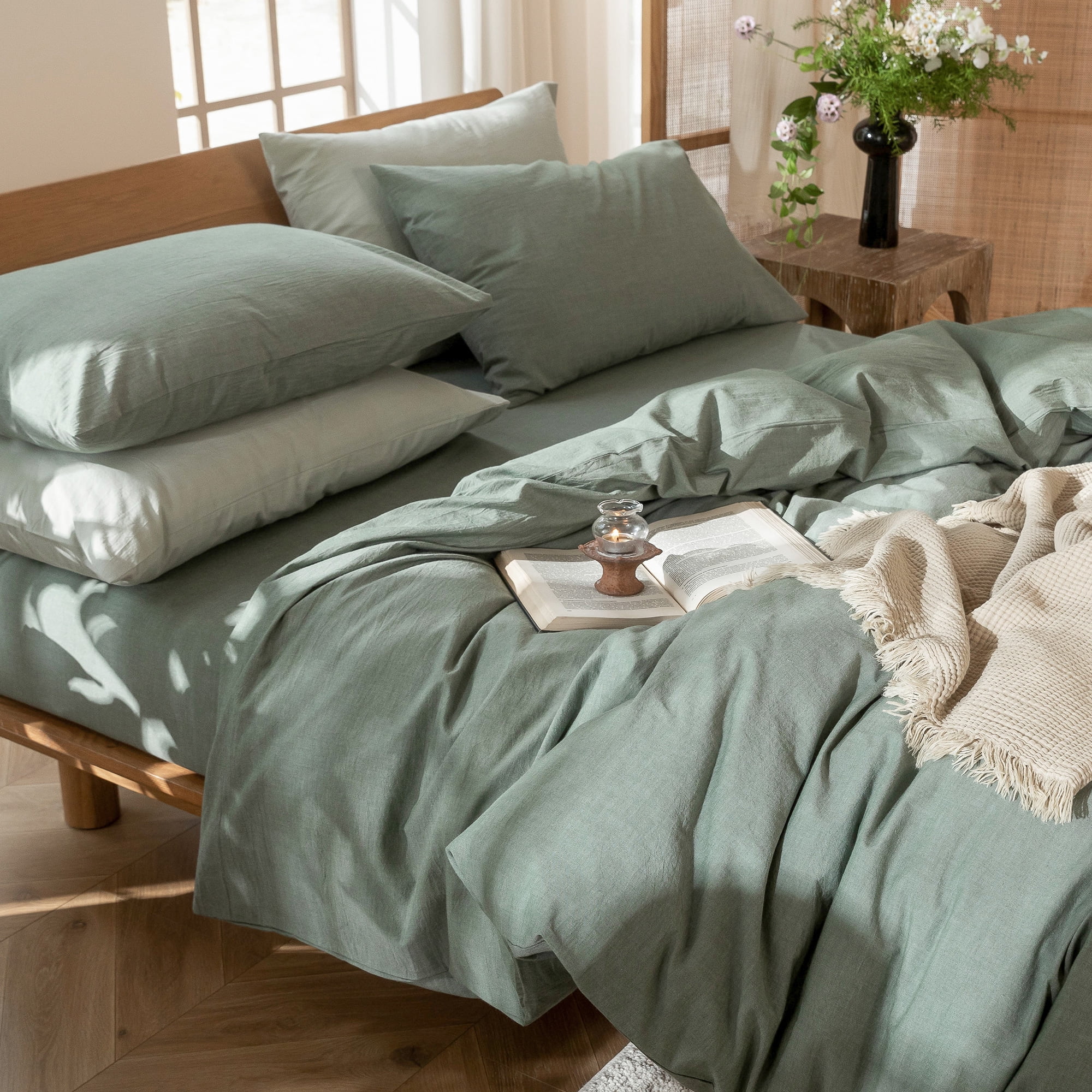 MooMee 100% Washed Cotton Duvet Cover Set King Linen Like Textured Breathable 3-Piece (Heathered Green, 104" x 90")