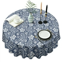 Blue Pioneer Flower and Paisley Pattern Round Tablecloth 60"x60",Wrinkle Wipeable Table Cloth for Kitchen Dining Room Picnic Patio Party