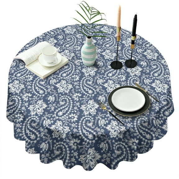 Blue Pioneer Flower and Paisley Pattern Round Tablecloth 60"x60",Wrinkle Wipeable Table Cloth for Kitchen Dining Room Picnic Patio Party