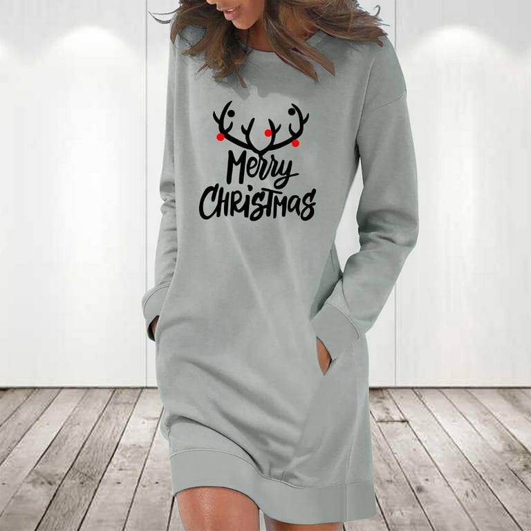 KIJBLAE Savings Christmas Sweatshirt Dress for Women Casual Long Sleeve  Xmas Graphic Print Round Neck Pullover Tops for Leggings Gray L 