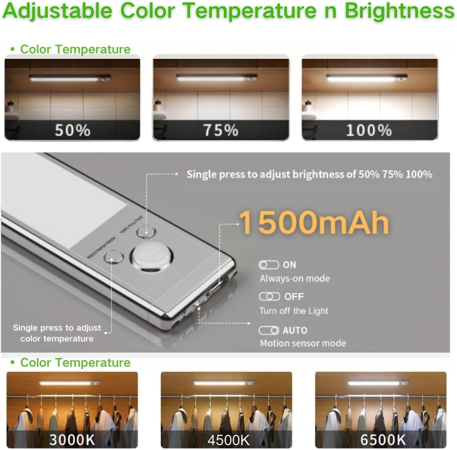 9.5 Inch 2-Pack Rechargeable Motion Sensor Light Bar, Magnetic Dimmable Under Cabinet Lighting, 3 Color LED Closet Light for Kitchen Stairs