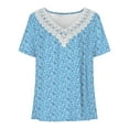 thumbnail image 5 of Zpanxa Summer Tops for Women 2023 Trendy Casual Cap Sleeve Lace Stitching T Shirts Blouse, Loose V Neck Short Sleeve Tee Shirts, Cute Floral Print Boho Summer Tops Light Blue XL, 5 of 8