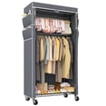 thumbnail image 1 of Exenoray Covered Garment Rack with Wheels, Portable Wardrobe Closet with 2 Hanging Rods & 2 Wire Shelves, Rolling Clothing Rack Organizer for Bedroom, 1 of 9
