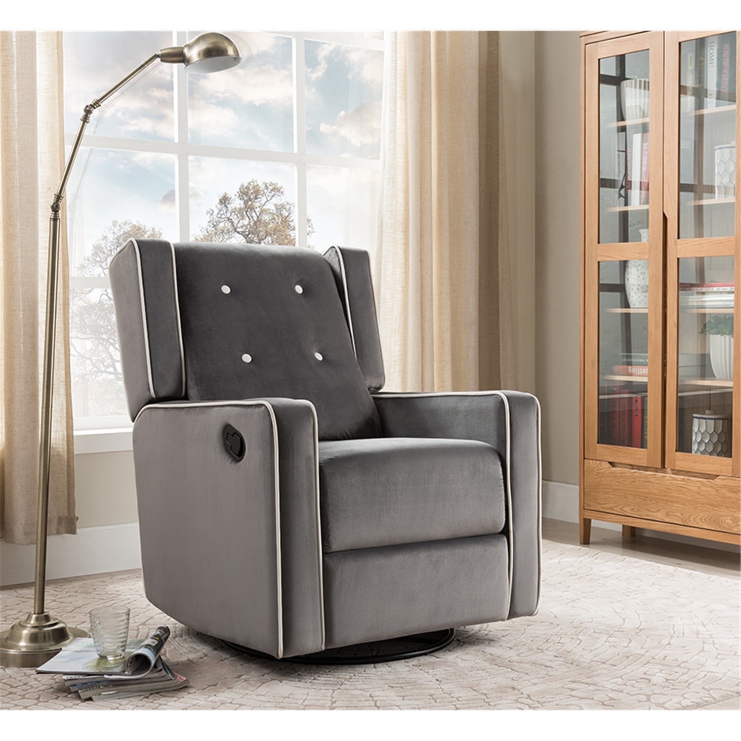 Odelia Solid Wood Microfiber Swivel Glider Rocker Recliner Chair, For Living Room, Bed Room Gray,Microfiber