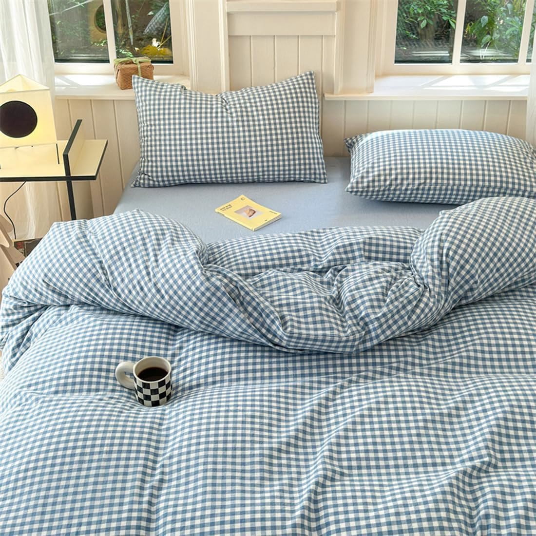 3 Pieces Blue Gingham Duvet Cover 100% Washed Cotton Plaid Checkered Full Duvet Cover Set Modern Grid Bedding Set with Zipper Closure Corner Ties