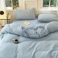 thumbnail image 3 of 3 Pieces Blue Gingham Duvet Cover 100% Washed Cotton Plaid Checkered Queen Duvet Cover Set Modern Grid Bedding Set with Zipper Closure Corner Ties, 3 of 6
