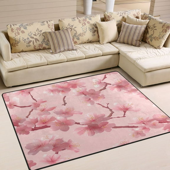 Pink Cherry Blossom Area Rug Washable 80 x 58 Floor Carpet Mat Non Slip for Bedroom Living Room Home Decor