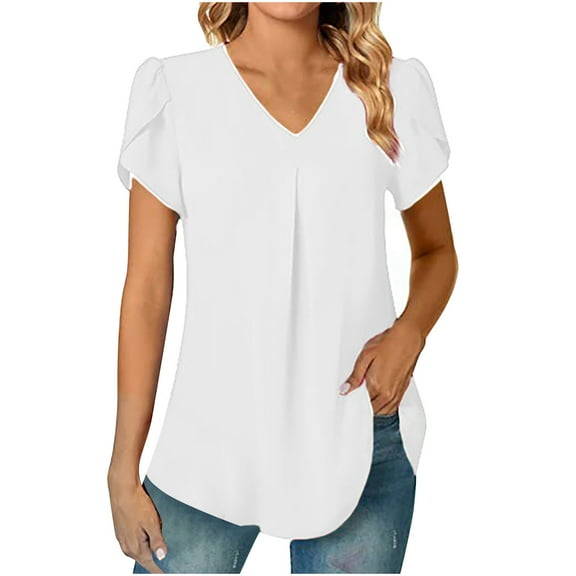 Women's Tunic Tops to Wear with Leggings Petal Sleeve V Neck Flowy Office Work Blouses Solid Loose Fit Summer Tshirts