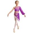 thumbnail image 6 of iiniim Girls Lyrical Dance Outfit One Shoulder Long Puff Sleeve Crop Top With Applique Asymmetrical Skirt Set Purple 10, 6 of 7