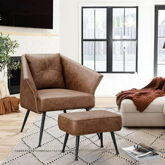 LHHP Modern Brown Accent Chair with Ottoman, Upholstered Faux Leather Single Sofa Side Chair for Living Room, Mid Century Comfy Tub Bucket Club Armchair with Metal Legs for Bedroom