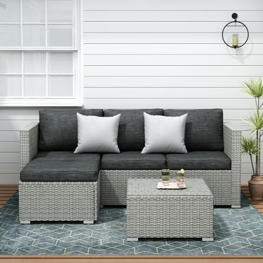 SUNTONE Patio Conversation Sofa Set - 3 Piece All Weather Wicker Outdoor Furniture Set, Gray Rattan & Black Cushions