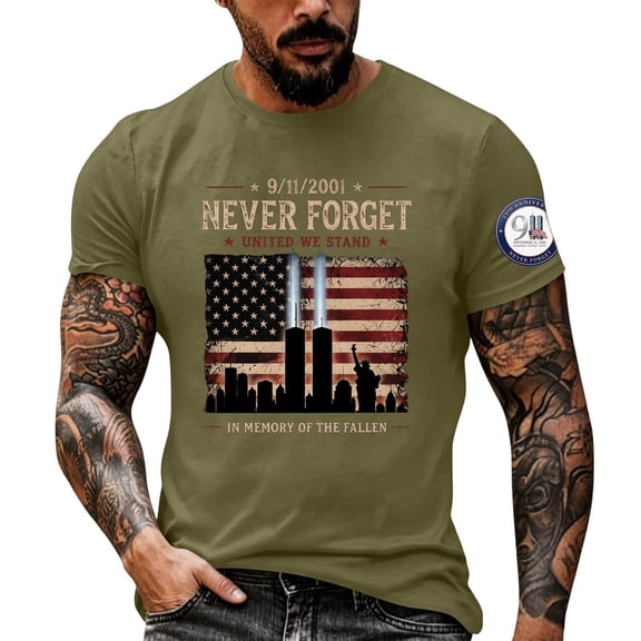 Never Forget 911 Retro USA Tee for Men and Women with Patriot Day Print and Vintage Green Fabric Featuring 9/11 Memorial Tops for Remembrance Events Church Army Green L