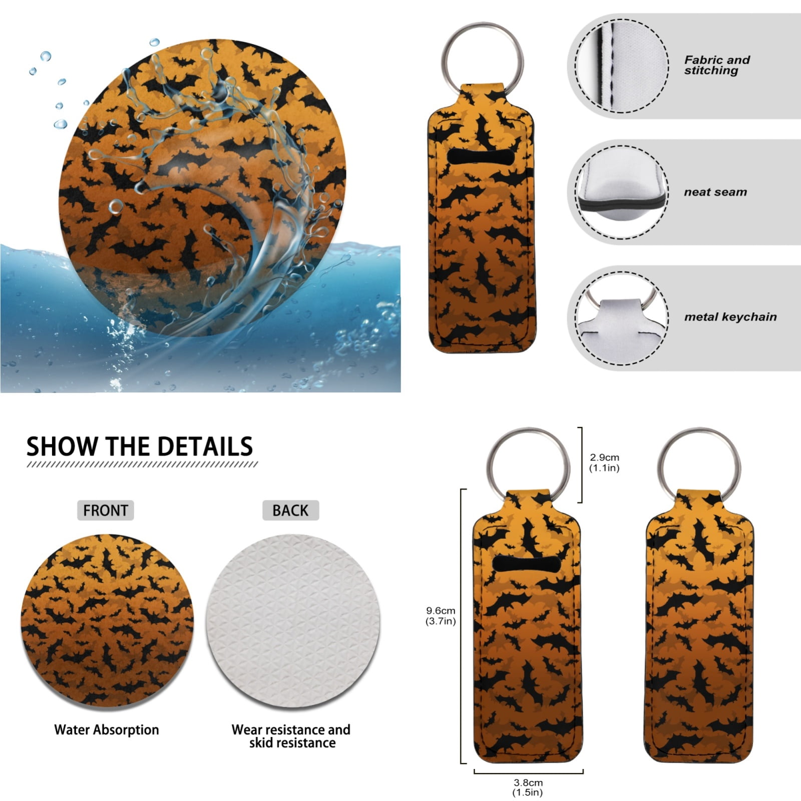 Jeiento Bats Car Seat Cover Set Non Slip Car Floor Mats Steering Wheel Cover Seatbelt Cover Keychains Armrest Cover Keychain Lipstick Holder Yellow 17 Pieces Auto Interior Accessories for Women Men