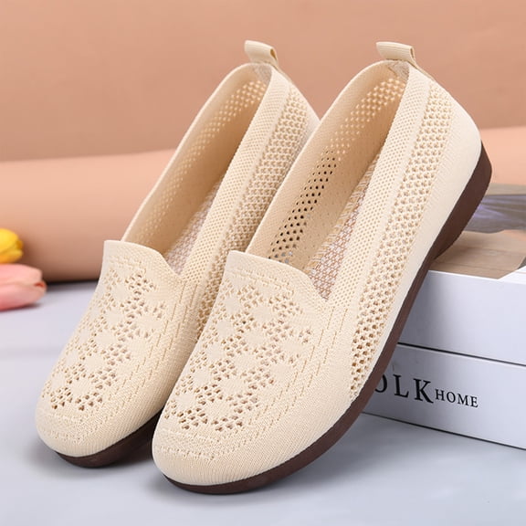 HTHLVMD Hollow Knit Loafers, Breathable Mesh Slip‑On Flats, Women Mary Jane Shoes Mesh Breathable Walking Shoes Knitting Non Slip Flat Loafers Orthopedic Sneakers Lightweight Slip On Flats, Beige 5.5