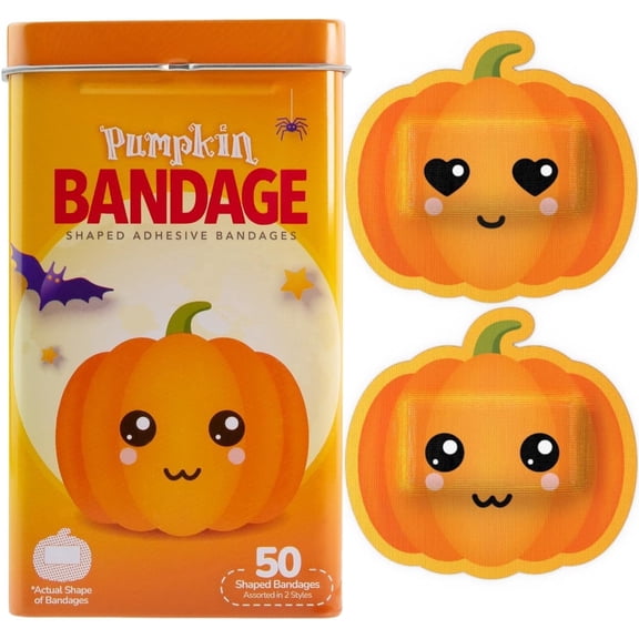 BioSwiss Bandages, Halloween Pumpkin Shaped Self Adhesive Bandage, Latex Free Sterile Wound Care, 50 Count