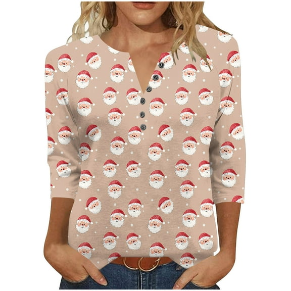 LiMoi Women's V Neck Festive Tshirt Soft Three Quarter Sleeve Blouse with Christmas Santa Print Tops Tees Shirts for Women My Items