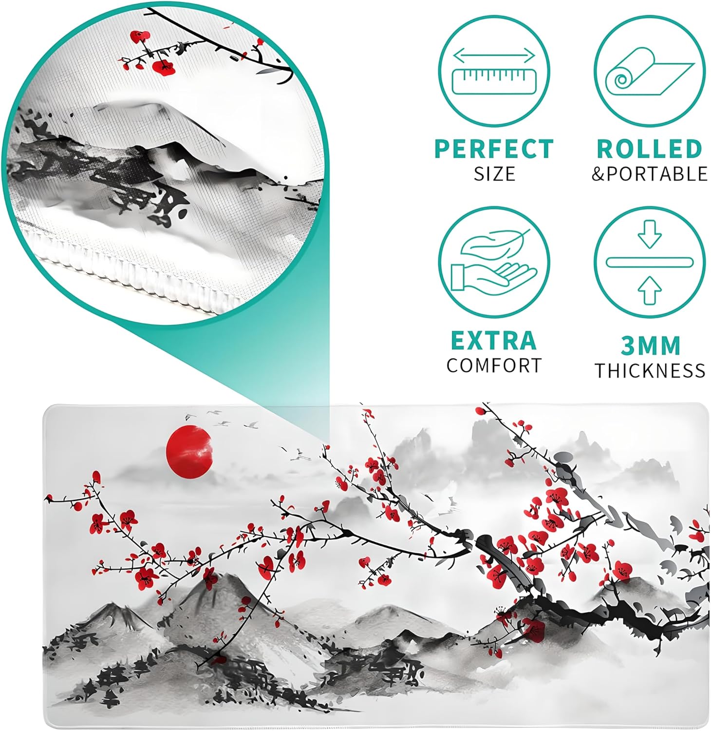 Japanese Cherry Blossom White Gaming Mouse Pad XXL Extended Long Mousepad Desk Mat, NonSlip Rubber Base with Stitched Edges, Ideal for Office, Home, 31.5x11.8 in