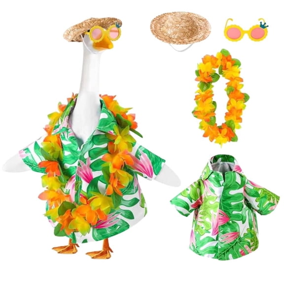 4 Pcs Hawaiian Porch Goose Outfit Set, Summer Lawn Goose Costume, Yard Goose Clothes with Hawaiian Wreath, Straw Hat and Glasses, Fits 23 Inch Goose Statue for Patio Garden Lawn Decoration