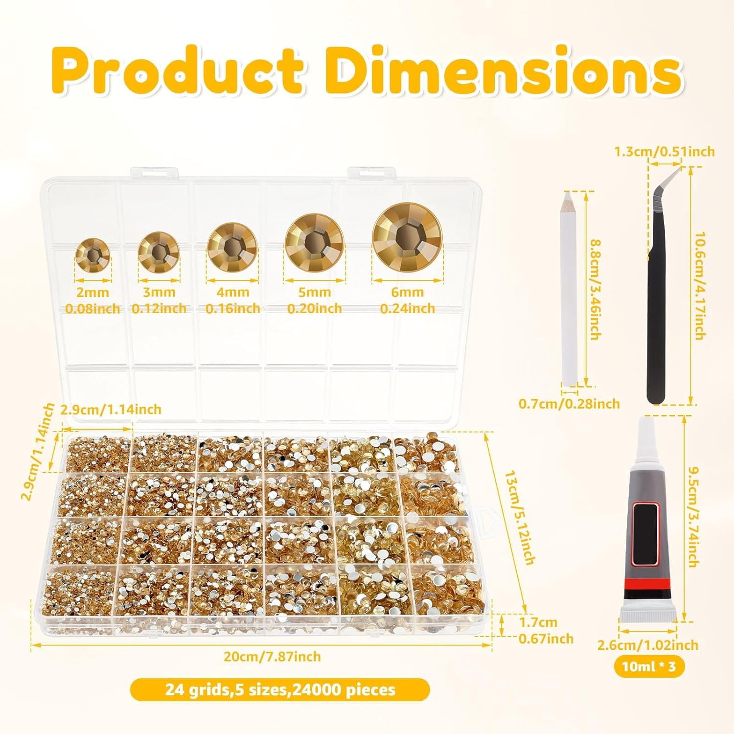 24,000-Pc Resin Rhinestones Kit for Crafting, 3mm Flatback with Storage Box & Tools, for Nail Art, Jewelry, Clothing Decoration (Gold)
