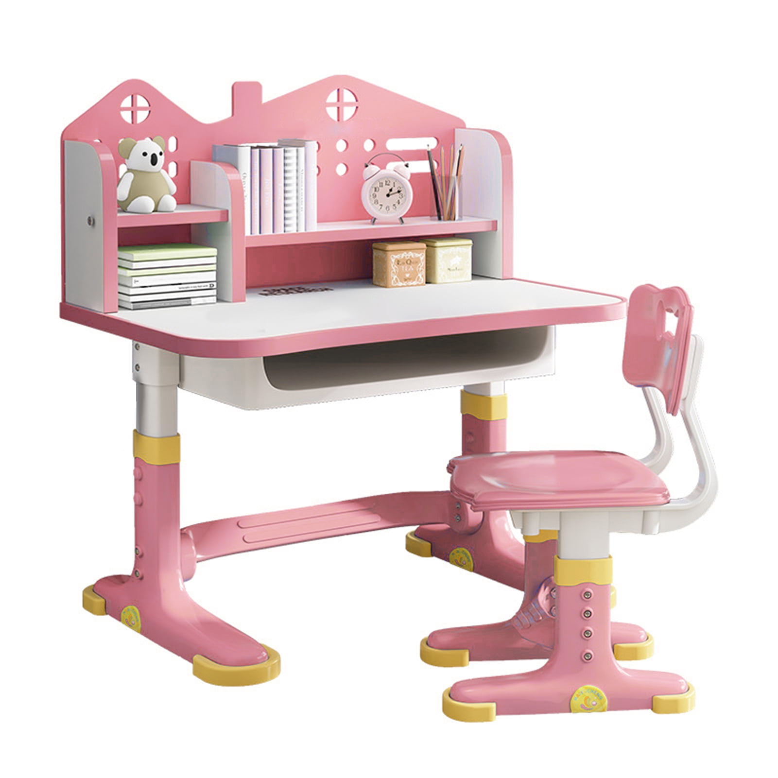 Wharick Kids Desk Chair Set, Height Adjustable Children School Study Desk with Castle Backboard, Bookstand and Storage Drawer Table for Girl and Boy
