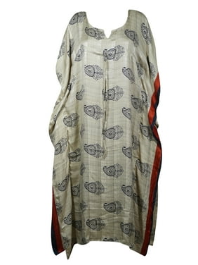Mogul Women Beige Maxi Kaftan V-Neck Printed Kimono Sleeves Resort Wear Housedress Holiday Caftan Dresses 2X