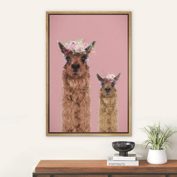 PixonSign Framed Wall Art Pastel Flower Crown Baby Alpaca Duo Nature Animals Portrait Artwork Cartoon Oil Paintings Modern Canvas Prints Colorful Fine Art for Rooms - 24"x36" Natural