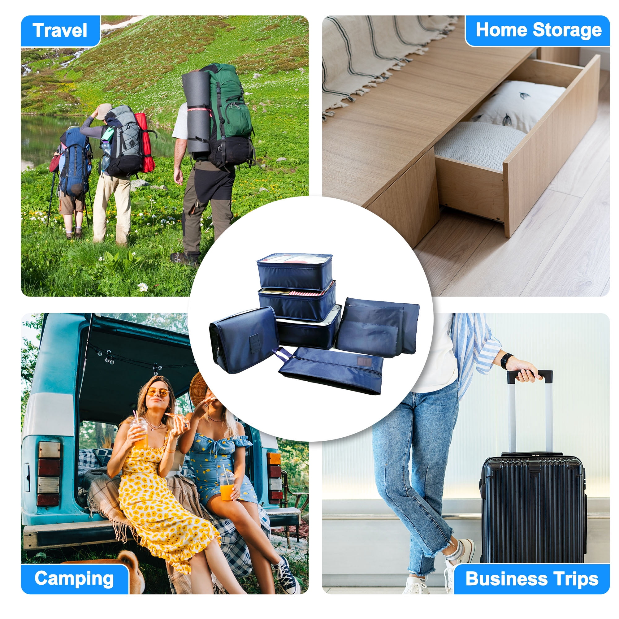 Unique Bargains 8 Pcs Zipper Design Packing Cube Set for Luggage Navy Blue