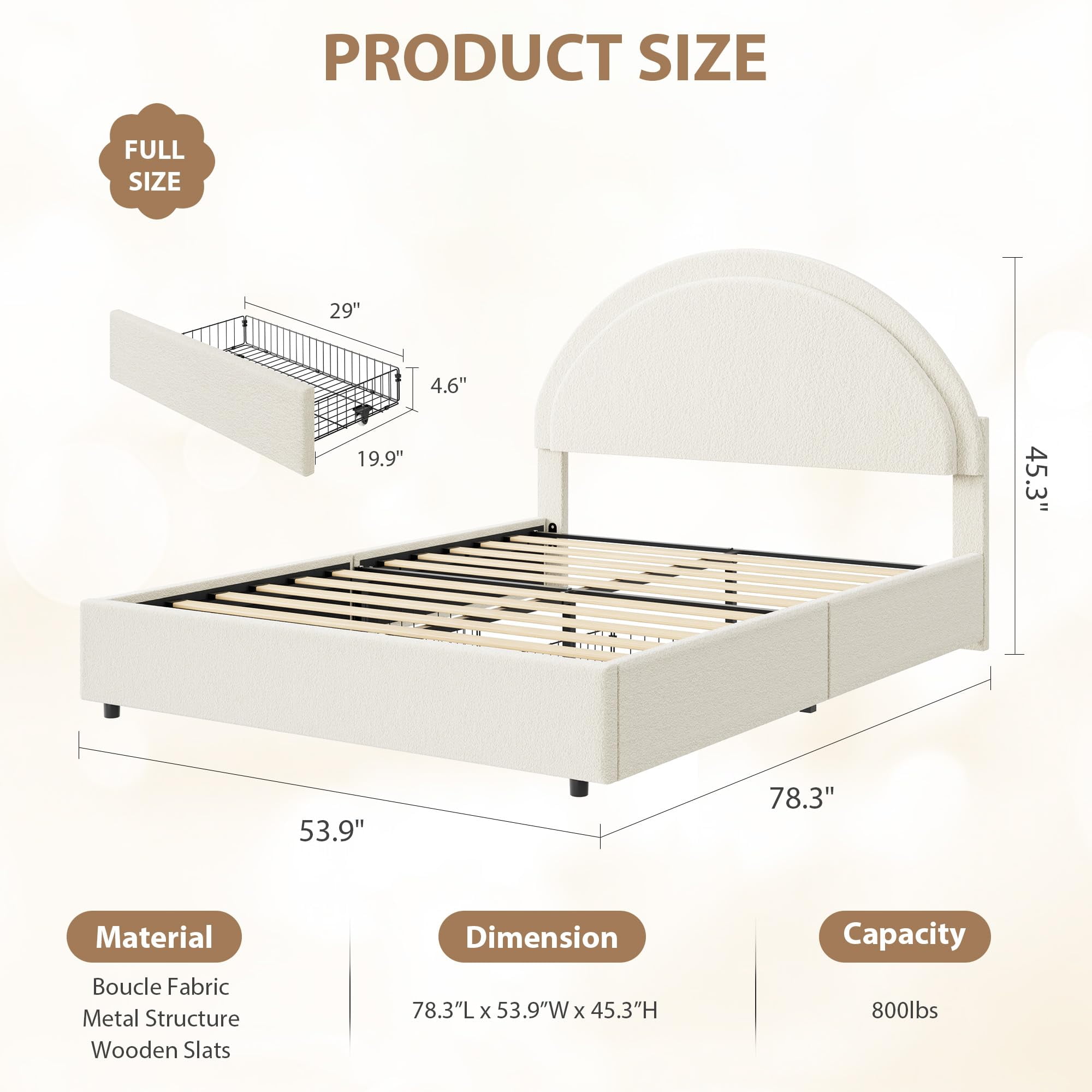 Twin/Full/ Queen Size Bed Frame with Storage Drawers, Upholstered Boucle Platform Bed with Round Headboard, Heavy Duty & Noise Free, No Box Spring Needed