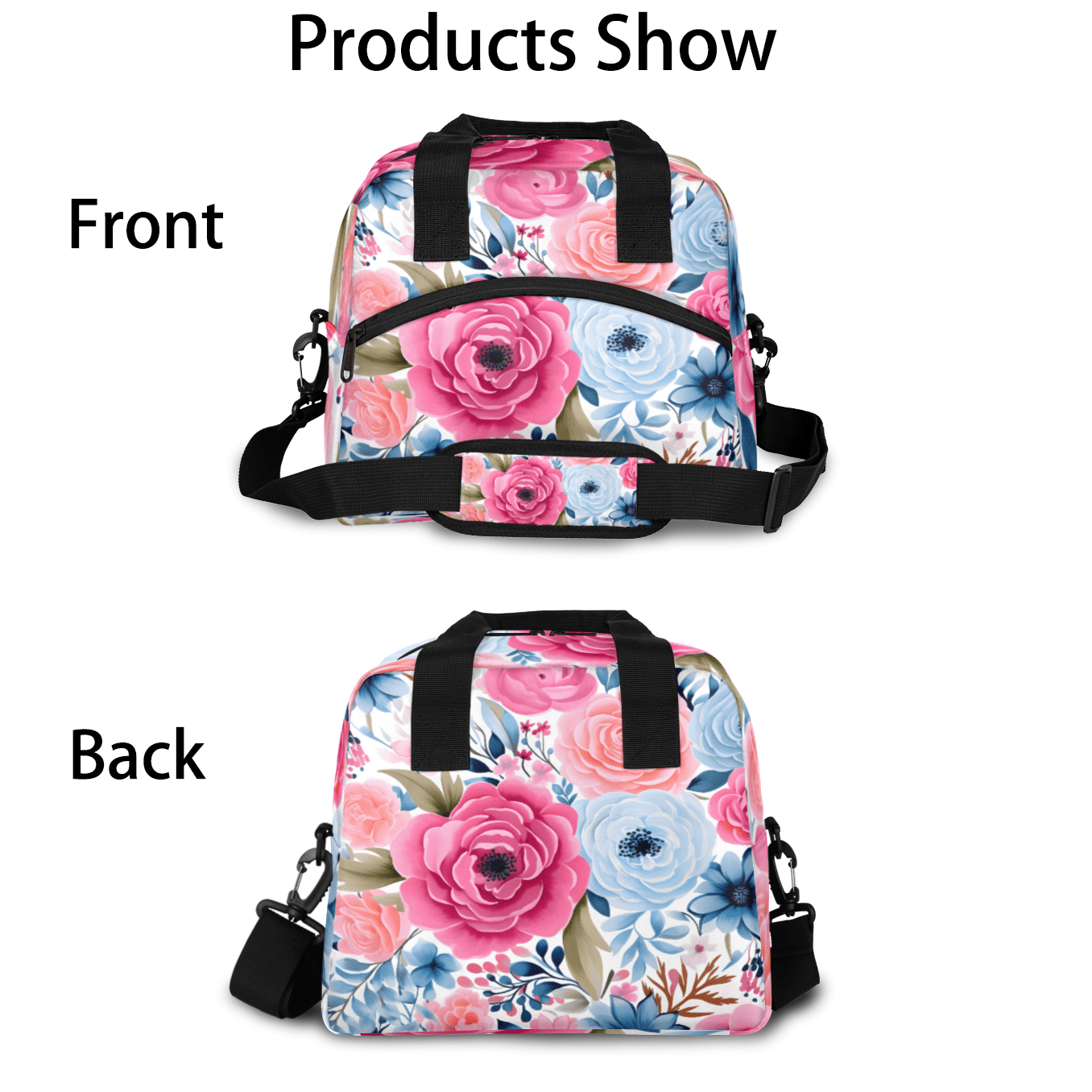 Herdesigns Pink Blue Floral Insulated Lunch Bag for Women Men Adults Large Reusable Lunch Box Leakproof Portable Cooler Tote Bags with Adjustable Shoulder Strap