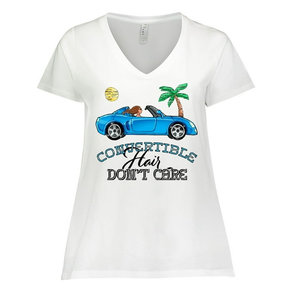 Inktastic Convertible Hair Don't Care with Brown Hair and Blue Car Women's Plus Size V-Neck T-Shirt