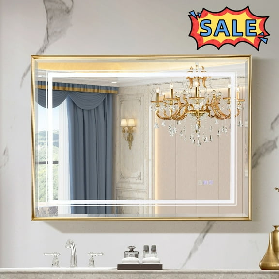 Tcbosik 40" x 30" Bathroom Mirror with LED Lights, Wall Mounted Lighted Mirror with Dimmable and Anti-Fog Function, Rectangle Mirror with Front Lit and Backlit, Gold