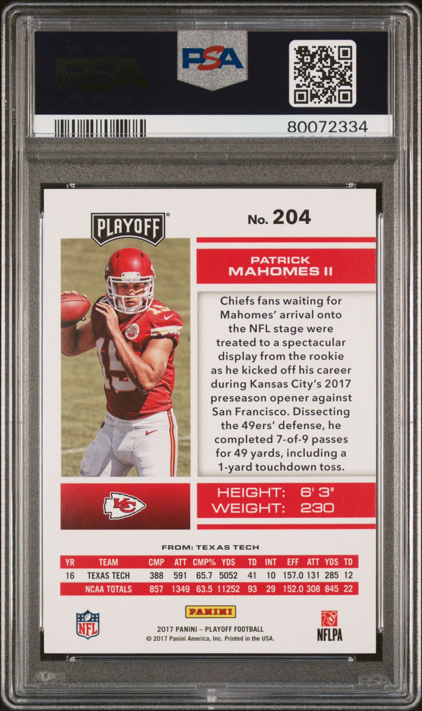 Patrick Mahomes 2017 Panini Playoff Football Rookie Card #204 Graded PSA 8