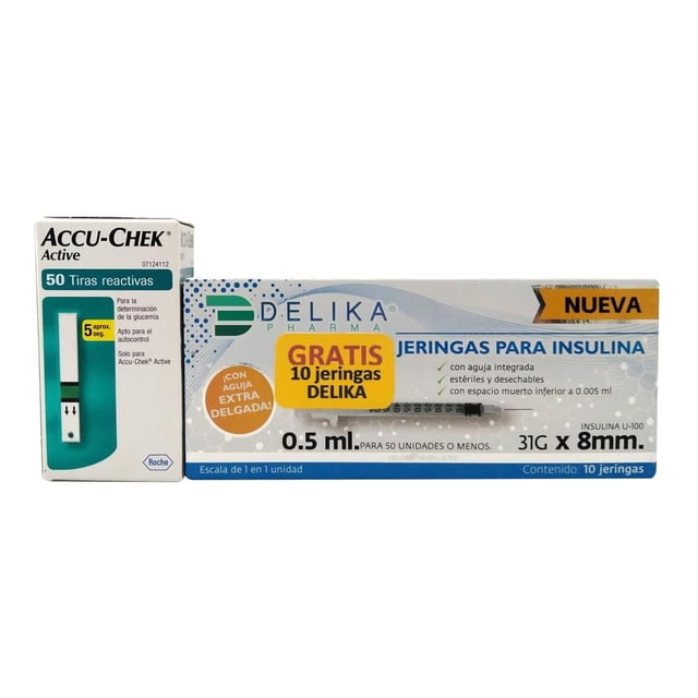 Paquete de Tiras reactivas Accu Chek Active 50 Piezas más Jeringas para insulina de 0.5 ml con aguja extra delgada 31G x 8 mm, estériles y desechables, diseñadas para medición de glucosa y aplicación segura en personas con diabetes.