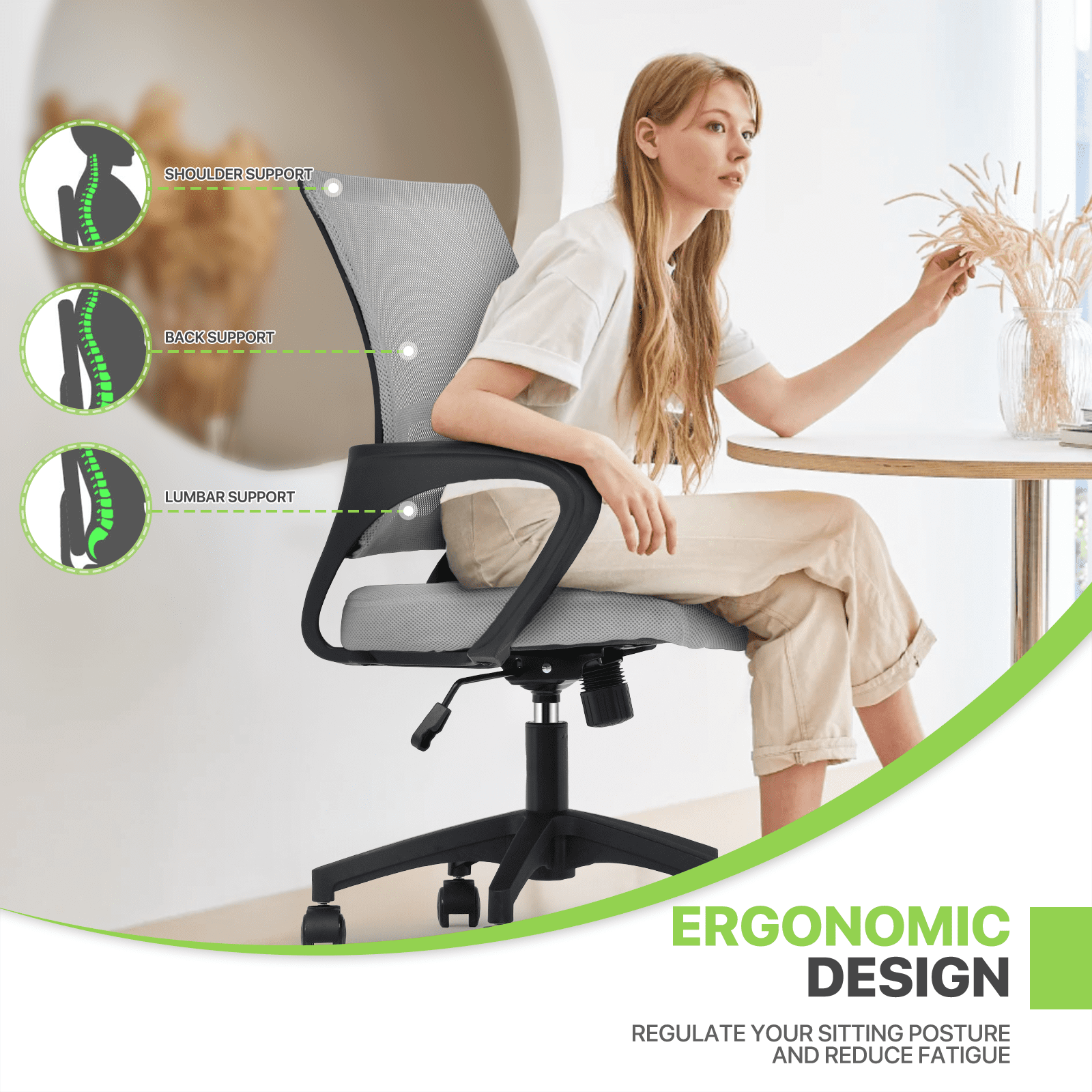 Magshion Mesh Office Chair Desk Chair, Mid Back Ergonomic Adjustable Height Rolling Swivel Computer Chair with Lumbar Support, Light Gray